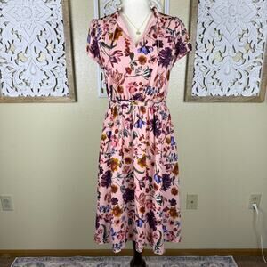 J. Crew | Pink Floral Cinched Waist Popover Midi Dress Cap Sleeve Ruffled XS